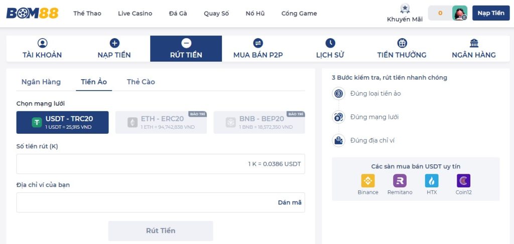 Hướng dẫn rút tiền tại Bom88